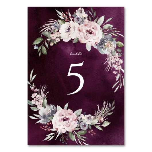 プラムの水色&ほこりっぽいピンクのフローラボホ結婚ズ テーブルナンバー (正面)
