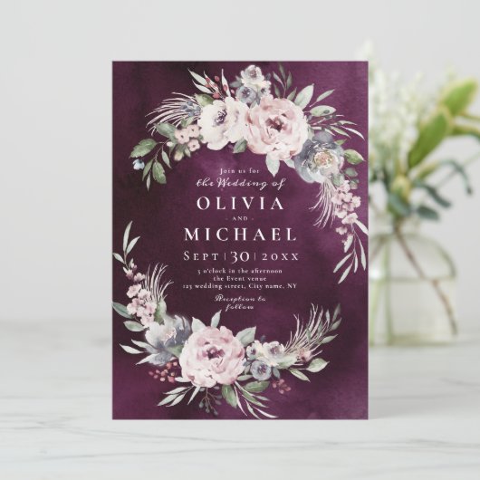 プラムの水色&ほこりっぽいピンクのフローラボホ結婚ズ 招待状 (スタンド正面)