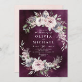 プラムの水色&ほこりっぽいピンクのフローラボホ結婚ズ 招待状 (正面/裏面)
