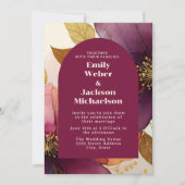 プラムはっきりした金ゴールドフローラ結婚アーチ 招待状 (正面)