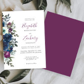 プラムウォーターカラーフローラネイビーブルー結婚ズ 招待状