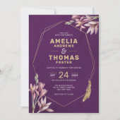 プラムエレガントと金ゴールドの幾何学的フローラ結婚 招待状 (正面)