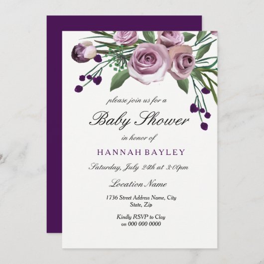 プラムエレガントパープルバラベビーシャワー招待状 招待状 (正面/裏面)