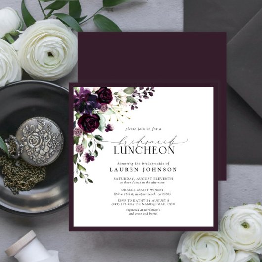 プラムエレガントパープルフローラブライダルルンチョン 招待状