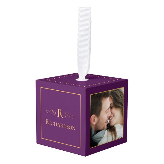 プラムエレガントパープル3フォトカスタムクリスマス キューブオーナメント (正面アングル)