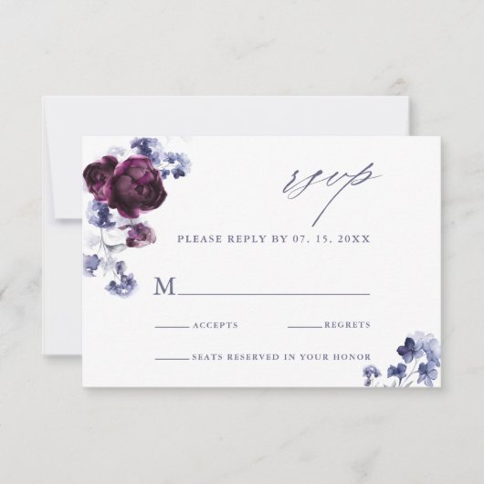 プラムエレガントパープル&インディゴブルーフローラ結婚ズ 出欠カード (正面)
