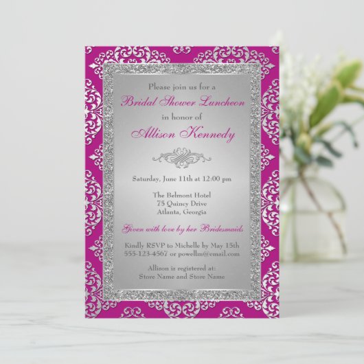 プラムシルバーグリッターダマスクブライダルシャワー招待状 招待状 (スタンド正面)