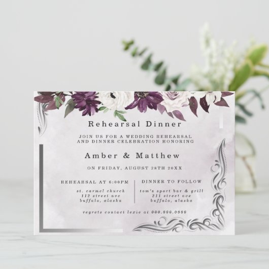 プラムシルバージオメトリックフローラリハーサルディナー 招待状 (スタンド正面)