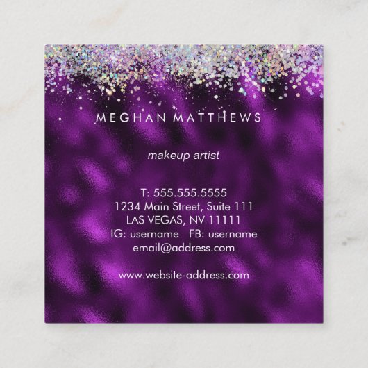 プラムシルバースパークル美しいスタイリストメイクアップアーティスト スクエア名刺 (裏面)