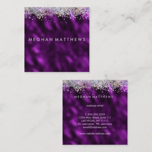 プラムシルバースパークル美しいスタイリストメイクアップアーティスト スクエア名刺 (正面/裏面)