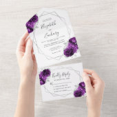 プラムシルバーフローラ幾何白結婚色 オールインワン招待状 (貼ってはがせる)