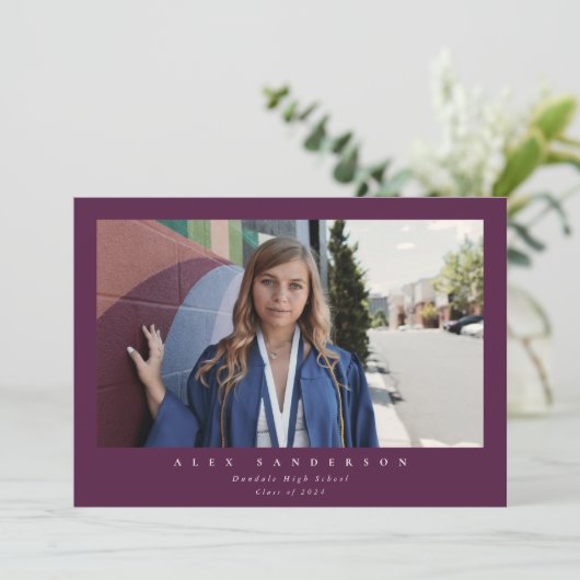 プラムシンプルモダン写真独身の卒業 案内状 (スタンド正面)