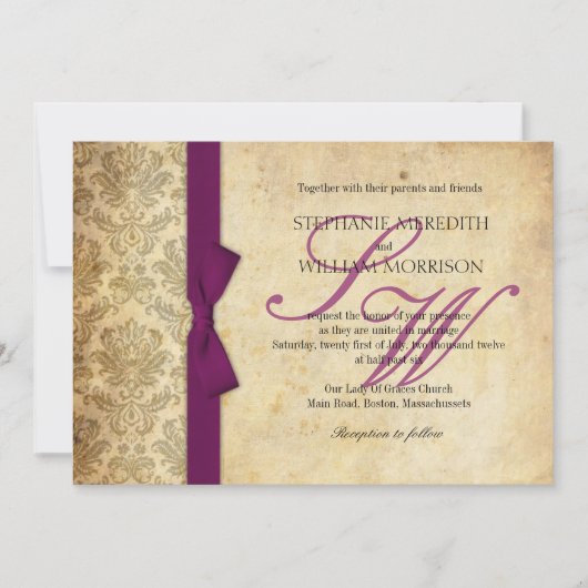 プラムダマスクヴィンテージボウ結婚式招待状 招待状 (正面)