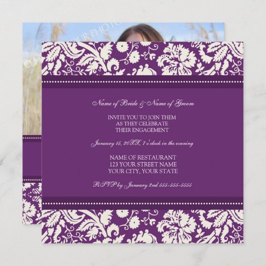 プラムダマスク織の写真の婚約パーティの招待状 招待状 (正面/裏面)
