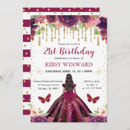 プラムドレスの黒い肌のプリンセスの誕生日 招待状