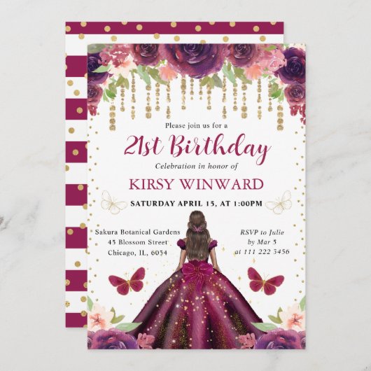 プラムドレスダークスキンプリンセス誕生日 招待状 (正面/裏面)