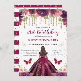 プラムドレスダークスキンプリンセス誕生日 招待状