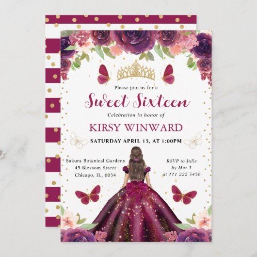 プラムドレスブルネットプリンセススウィート16 招待状 (正面/裏面)
