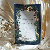 プラムネイビーブルー金ゴールド結婚フローラ 箔招待状