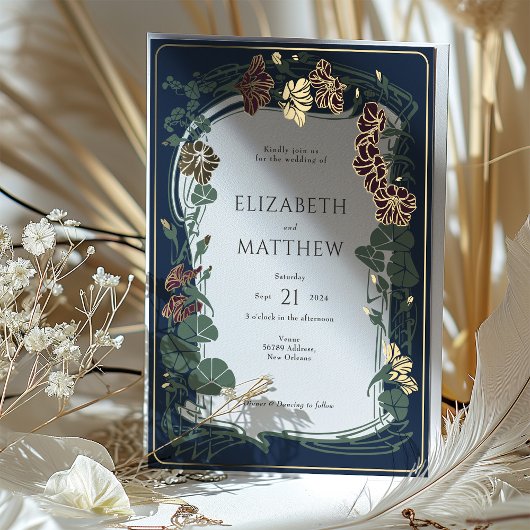 プラムネイビーブルー金ゴールド結婚フローラ 箔招待状