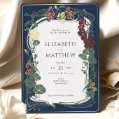 プラムネイビーブルー金ゴールド結婚フローラ 箔招待状