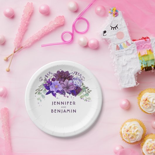 プラムバイオレットパープルフローラエレガントな結婚式 ペーパープレート (パーティー)