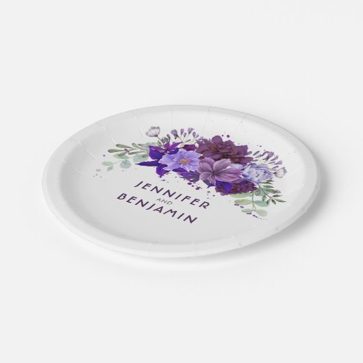 プラムバイオレットパープルフローラエレガントな結婚式 ペーパープレート (アングル)