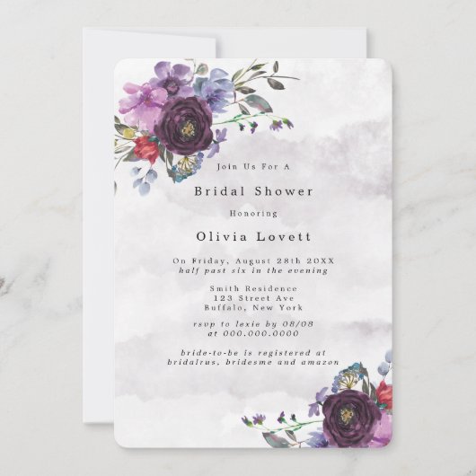プラムバイオレット植物牡丹ブライダルシャワー 招待状 (正面)