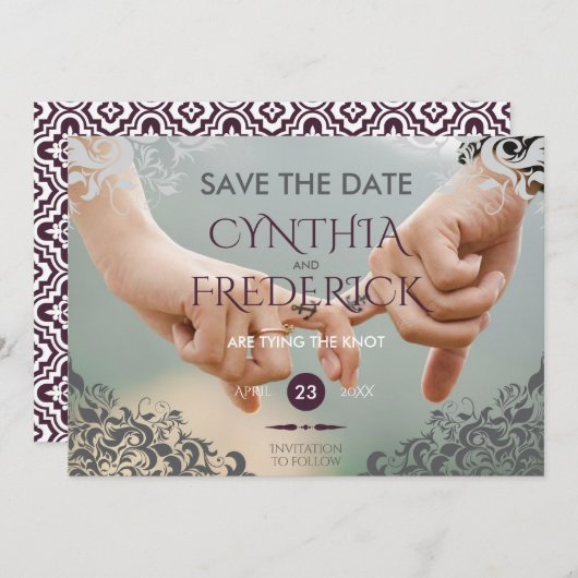 プラムバロックのシャンデリアの結婚式の日付を保存 セーブザデート (正面/裏面)