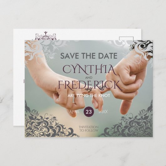 プラムバロックのシャンデリアの結婚式の日付を保存 案内ポストカード (正面/裏面)