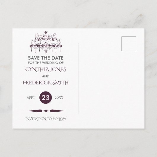 プラムバロックのシャンデリアの結婚式の日付を保存 案内ポストカード (裏面)
