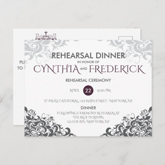 プラムバロック・シャンデリア結婚のリハーサル・ディナー インビテーションポストカード (正面/裏面)
