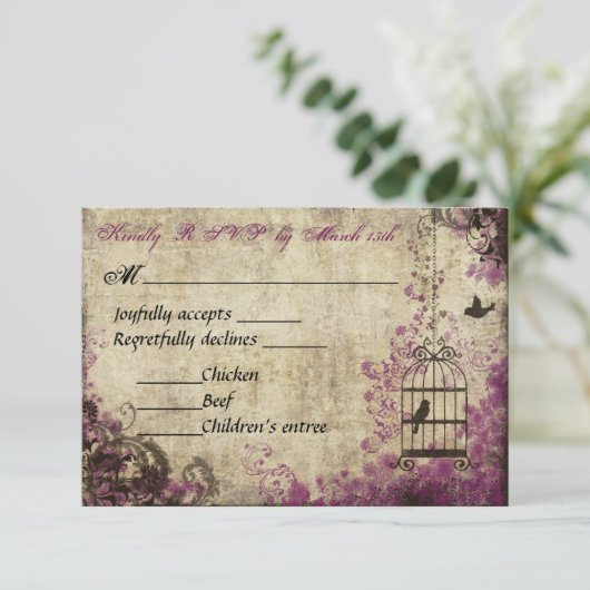 プラムバードケージヴィンテージウェディングRSVP 出欠カード (スタンド正面)
