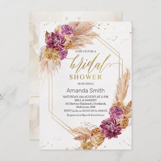 プラムパンパスグラスボホジオメトリックブライダルシャワー 招待状 (正面/裏面)