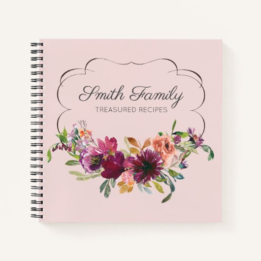 プラムパーソナライズされたパープル赤面ピンクフローラレシピ ノートブック (正面)