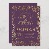 プラムパープエレガントル金ゴールドフローラ結婚式披露宴 招待状 (正面/裏面)