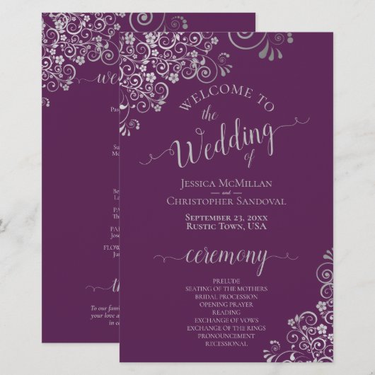 プラムパープルとシルバーのカール模様の格安結婚式プログラム (正面/裏面)