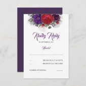 プラムパープルとバーガンディーレッドフローラウェディングRSVP 出欠カード (正面/裏面)