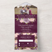 プラムパープルと赤面ピンク結婚フローラの写真 オールインワン招待状 (内側)