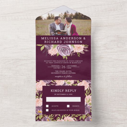 プラムパープルと赤面ピンク結婚フローラの写真 オールインワン招待状 (内側)