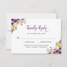 プラムパープルのフラワーモチーフの結婚式RSVPカード