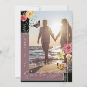 プラムパープルのボホワイルフラワーの写真を使ったSave the Date セーブザデート (正面)