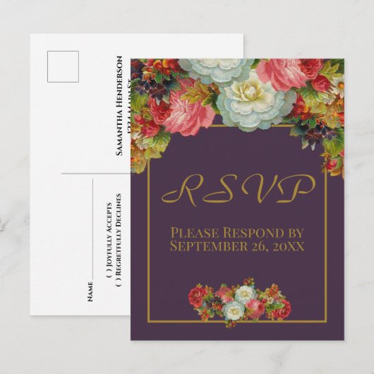 プラムパープルのヴィンテージ秋の花嫁RSVP ポストカード (正面/裏面)