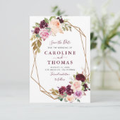 プラムパープルの花柄幾何学模様のSave the Dateカード セーブザデート (スタンド正面)