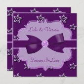 プラムパープルアイランドフラワーズ&ラインスト結婚ーンズ 招待状 (正面/裏面)