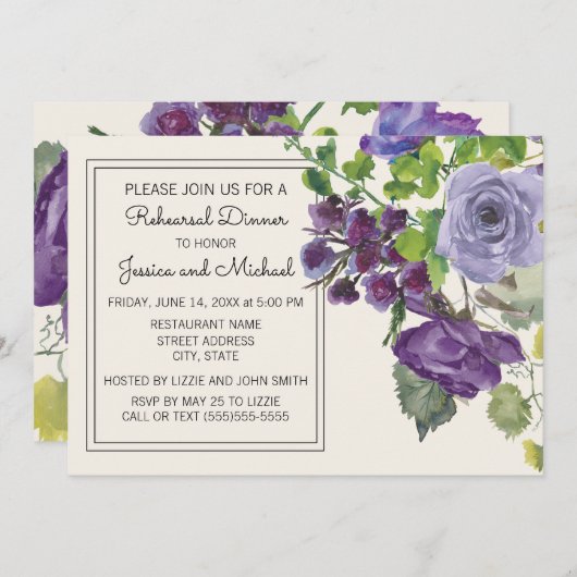 プラムパープルウォーターカラーフローラアイボリーリハーサル 招待状 (正面/裏面)