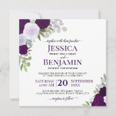 プラムパープルウォーター色のバラエレガントな結婚式 招待状 (正面)