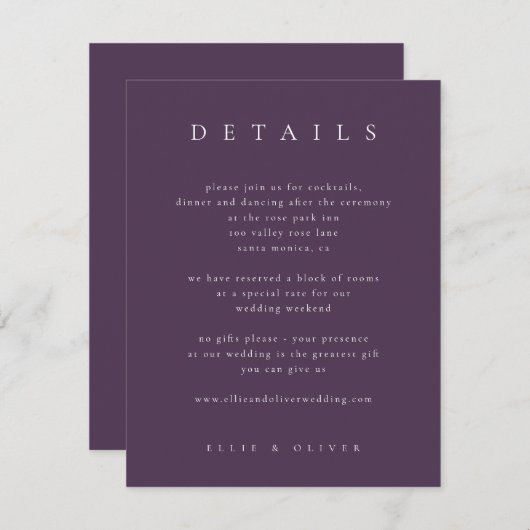 プラムパープルエレガントボホ詳細結婚ズモダン エンクロージャーカード (正面/裏面)