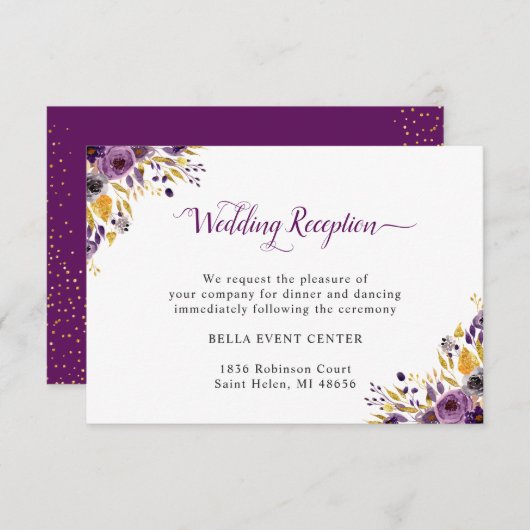 プラムパープルゴールドの花柄の結婚式の披露宴の詳細 招待状 (正面/裏面)