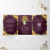 プラムパープルサンフラワーズメイソンジャーQRコード結婚ズ 三つ折り招待状 (内部)